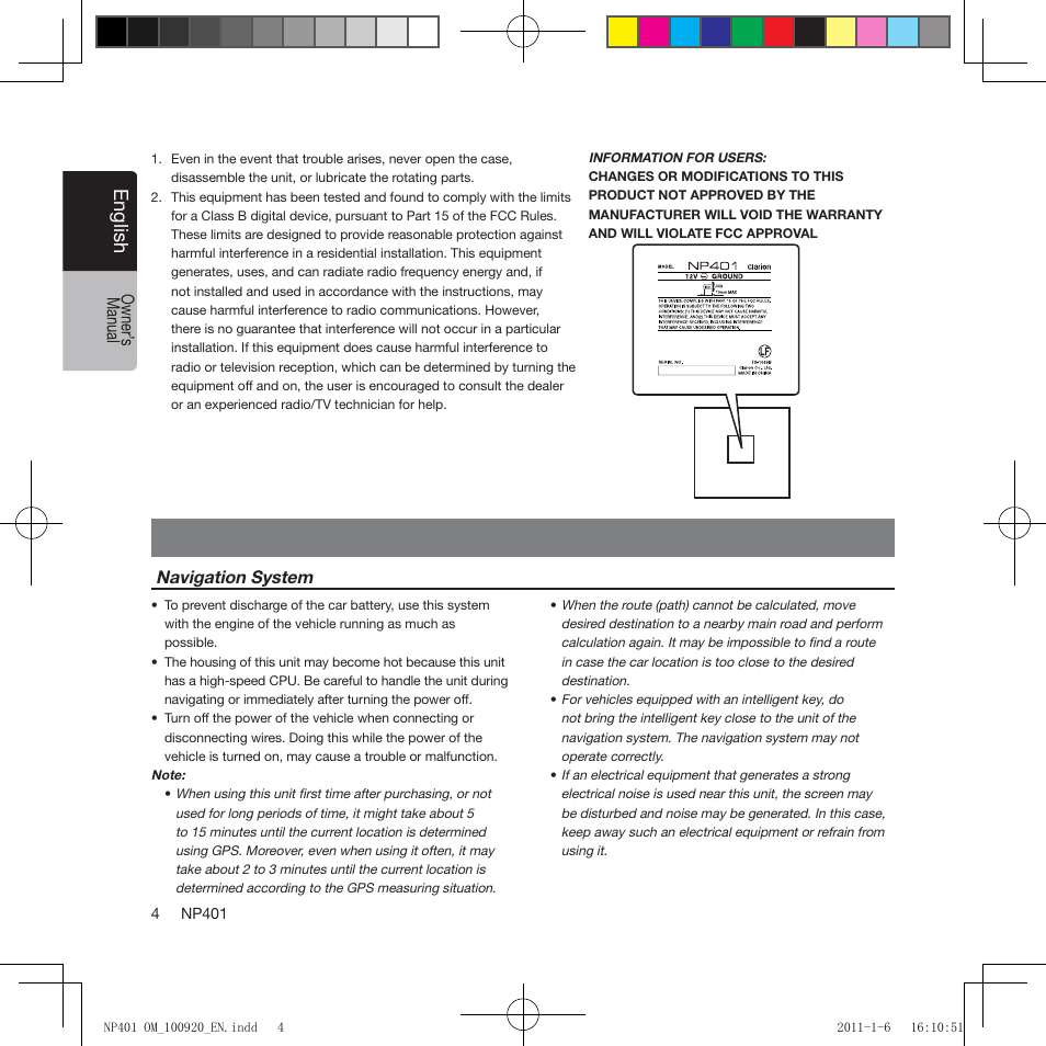 Cautions on handling, Eng lis h | Clarion NP401 User Manual | Page 4 / 81