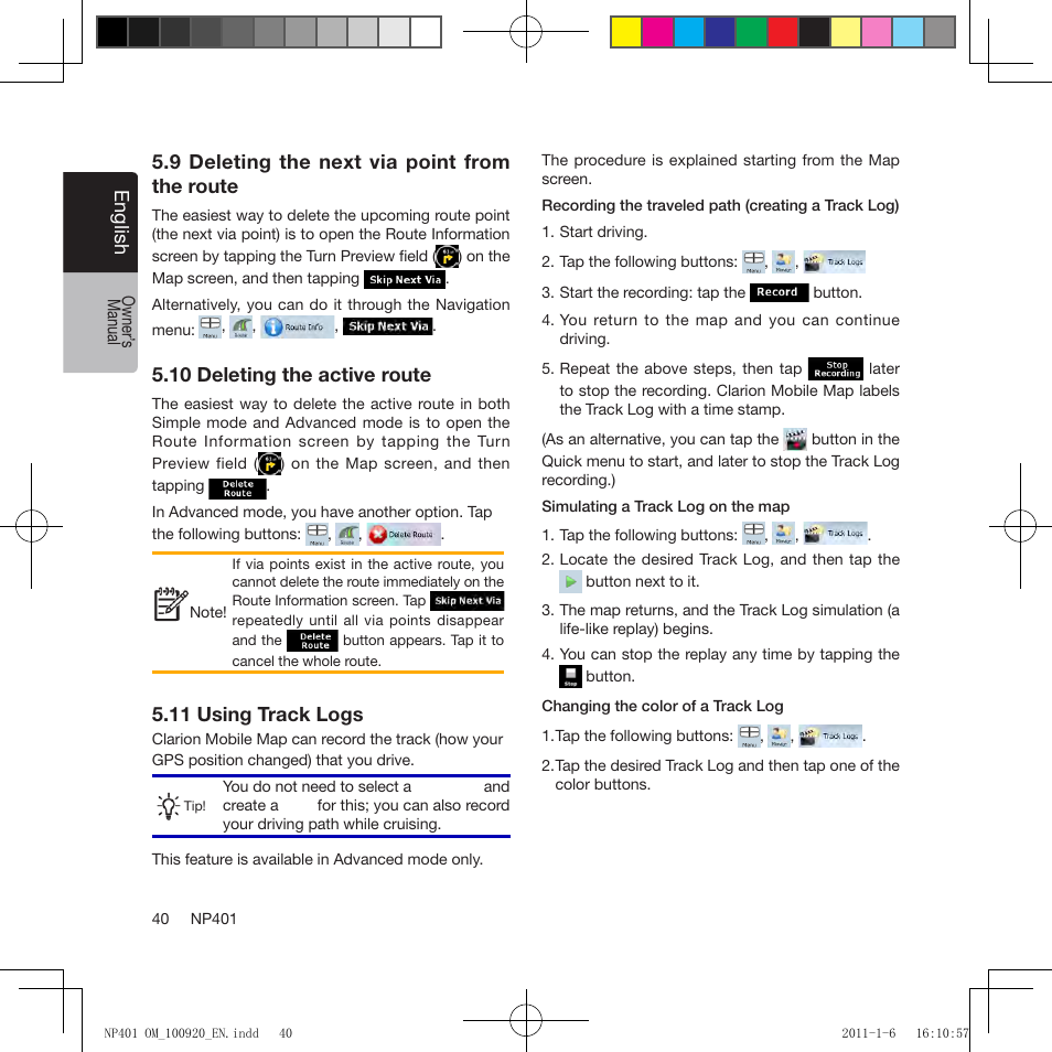 Eng lis h, 9 deleting the next via point from the route, 10 deleting the active route | 11 using track logs | Clarion NP401 User Manual | Page 40 / 81