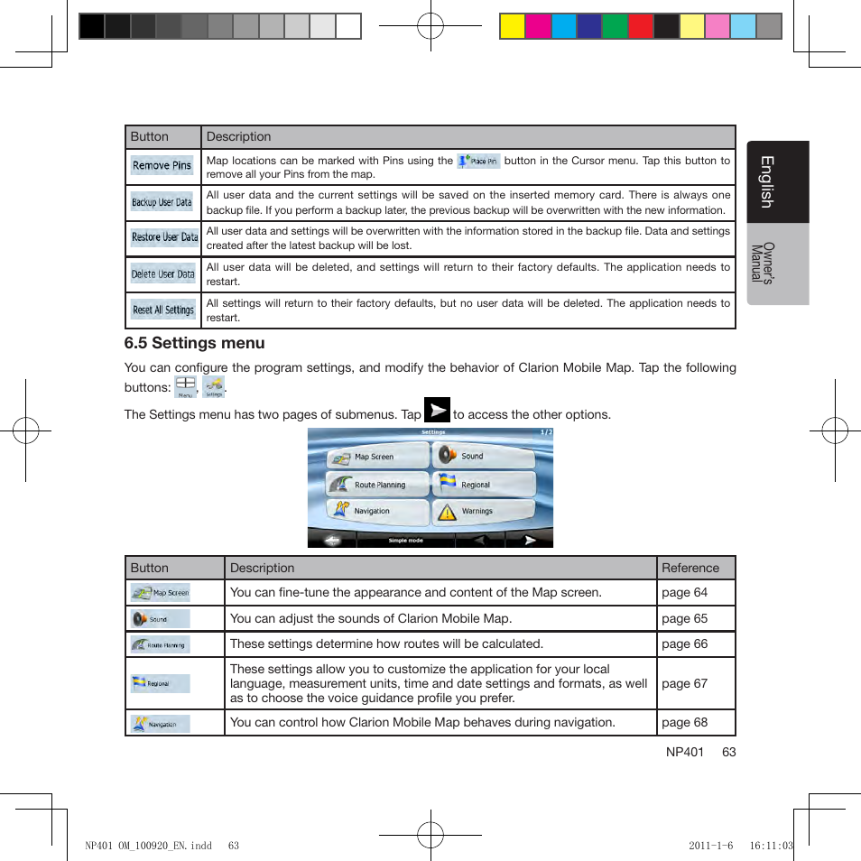 Eng lis h, 5 settings menu | Clarion NP401 User Manual | Page 63 / 81