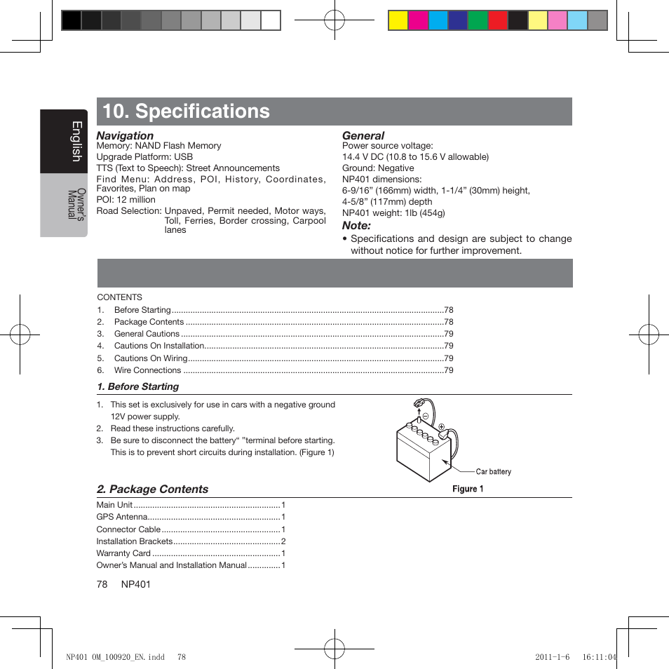 Installation / wire connection guide, Specifications | Clarion NP401 User Manual | Page 78 / 81