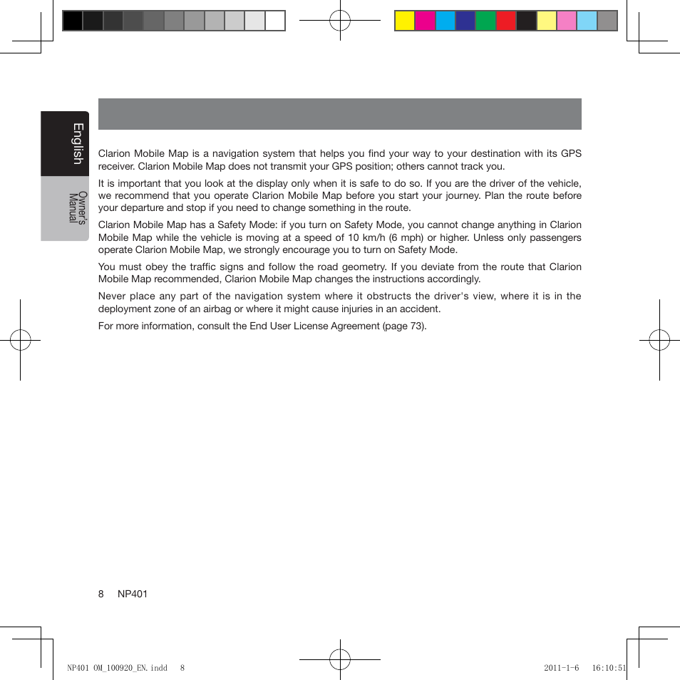 Warnings and safety information | Clarion NP401 User Manual | Page 8 / 81