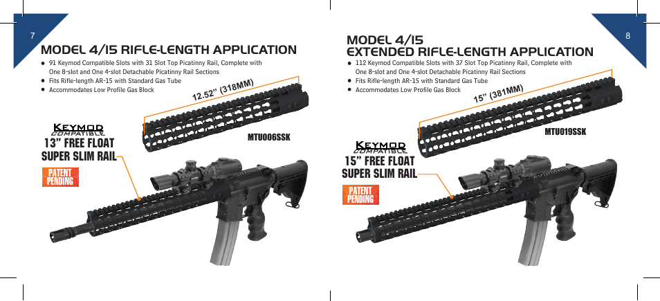 Model 4/15 rifle-length application, 13” free float super slim rail, Model 4/15 extended rifle-length application | 15” free float super slim rail | Leapers PRO AR15 9 Super Slim Free Float Keymod Compatible Rail (MTU004SSK) User Manual | Page 5 / 12