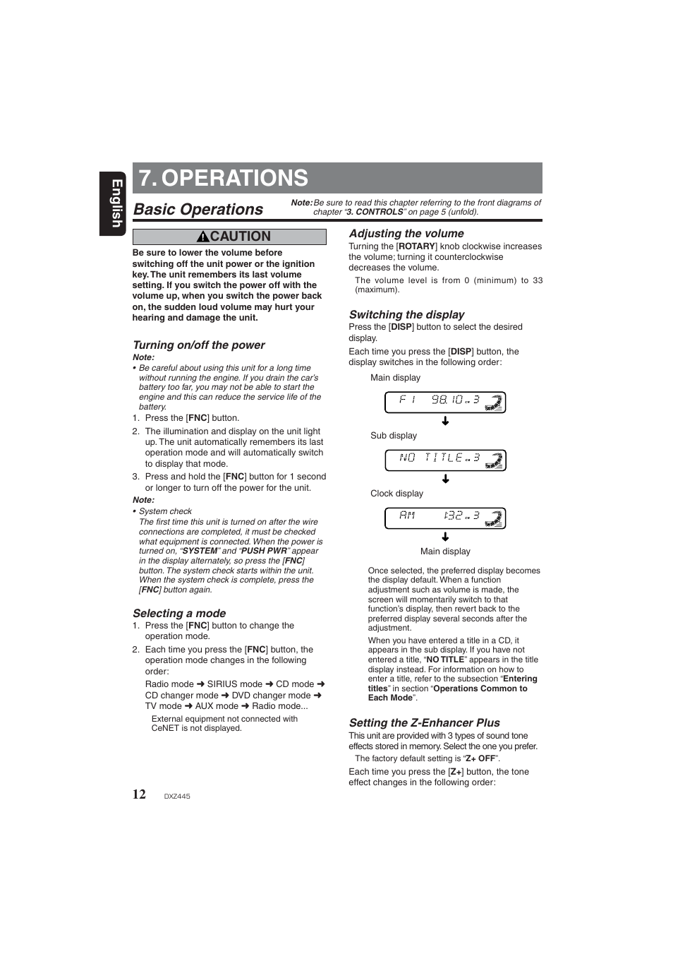 Operation, Basic operations, Power on / off | Source / mode selection, Volume, Switching the display, Setting the z-enhancer plus, Operations, English, Caution | Clarion DXZ445 User Manual | Page 12 / 36