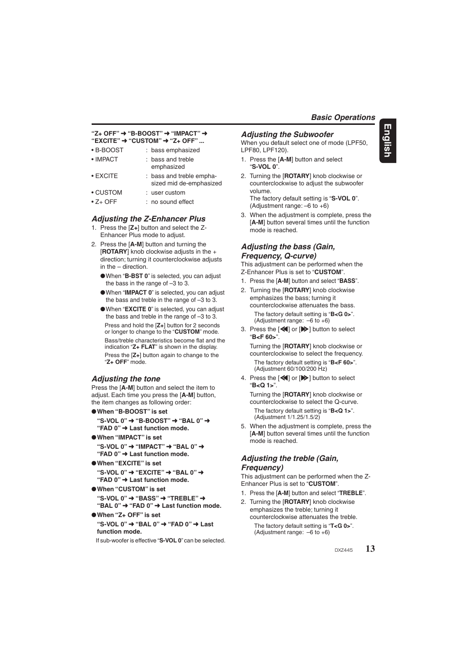 Adjusting the z-enhancer plus, Tone, Adjusting the subwoofer | Bass, Treble, 13 english, Adjusting the tone, Adjusting the bass (gain, frequency, q-curve), Adjusting the treble (gain, frequency), Basic operations | Clarion DXZ445 User Manual | Page 13 / 36