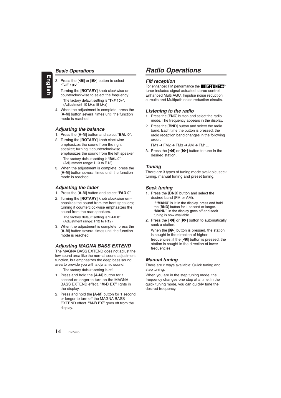 Balance, Fader, Adjusting magna bass extend | Radio operations, Listening to the radio, Seek tuning, Manual tuning, English | Clarion DXZ445 User Manual | Page 14 / 36