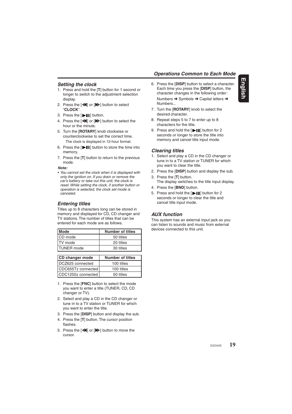 Clock set, Entering titles, Clearing titles | 19 english, Operations common to each mode setting the clock, Aux function | Clarion DXZ445 User Manual | Page 19 / 36