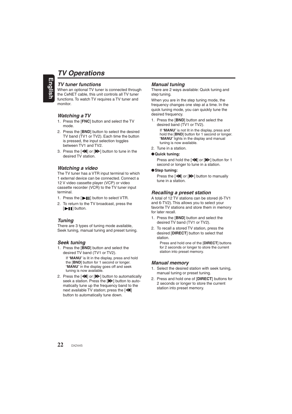 Tv operations, Tv tuner functions, Watching a tv | Watching a video, Seek tuning, Manual tuning, Recalling a preset station, Manual memory, English | Clarion DXZ445 User Manual | Page 22 / 36