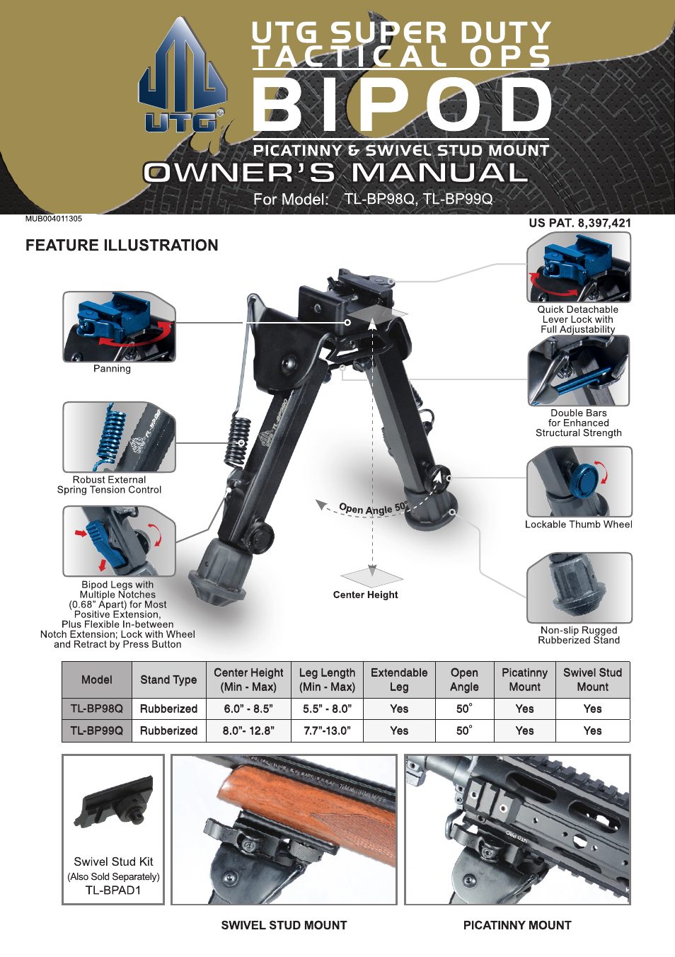 Leapers Super Duty Bi-pod with QD Lever Mount, Height 6.0- 8.5 (TL-BP98Q) User Manual | 2 pages