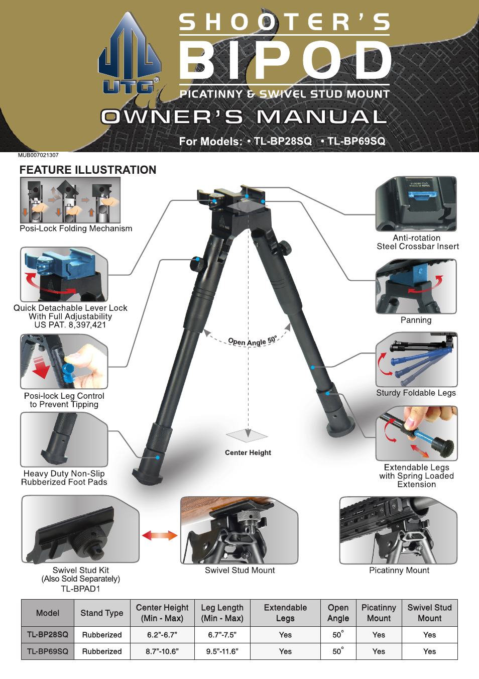 Leapers New Gen Med Pro Shooters Bipod, Quick Detach, 6.2-6.7 (TL-BP28SQ) User Manual | 2 pages