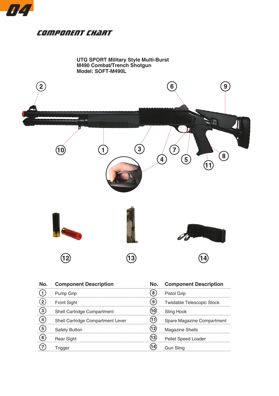 Component chart | Leapers Sport Airsoft Multi-Burst M4/90 Combat Shotgun (SOFT-M490L) User Manual | Page 4 / 6