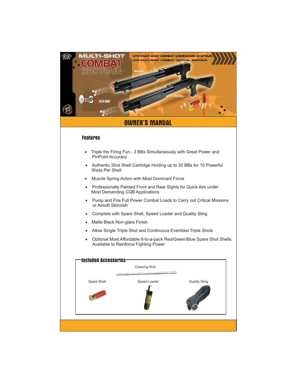 Leapers Sport Airsoft Multi-Shot Combat Shotgun (SOFT-M3L) User Manual | 6 pages
