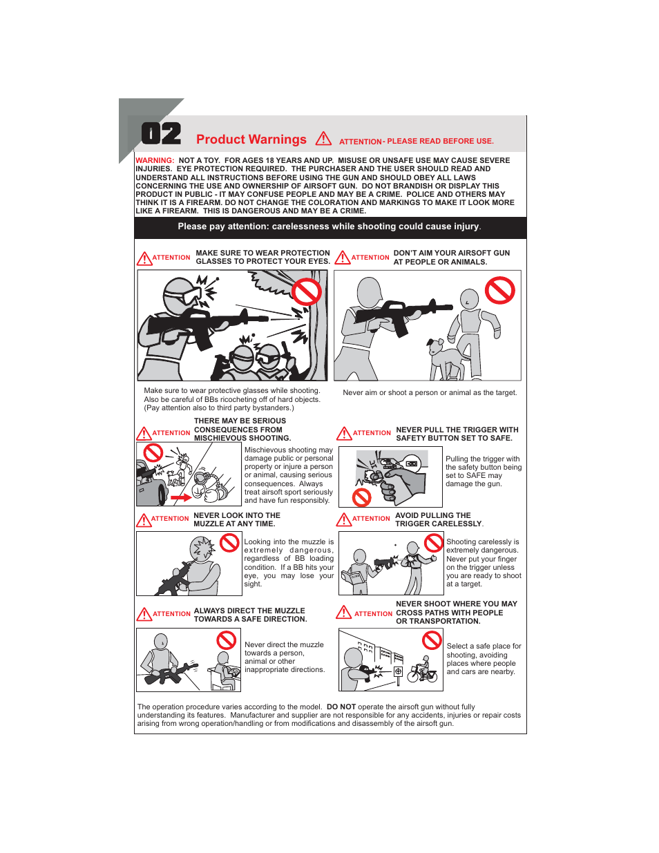 Pg2 10-19-07 m3l & m3s-manual...pdf, Product warnings | Leapers Sport Airsoft Multi-Shot Combat Shotgun (SOFT-M3L) User Manual | Page 2 / 6