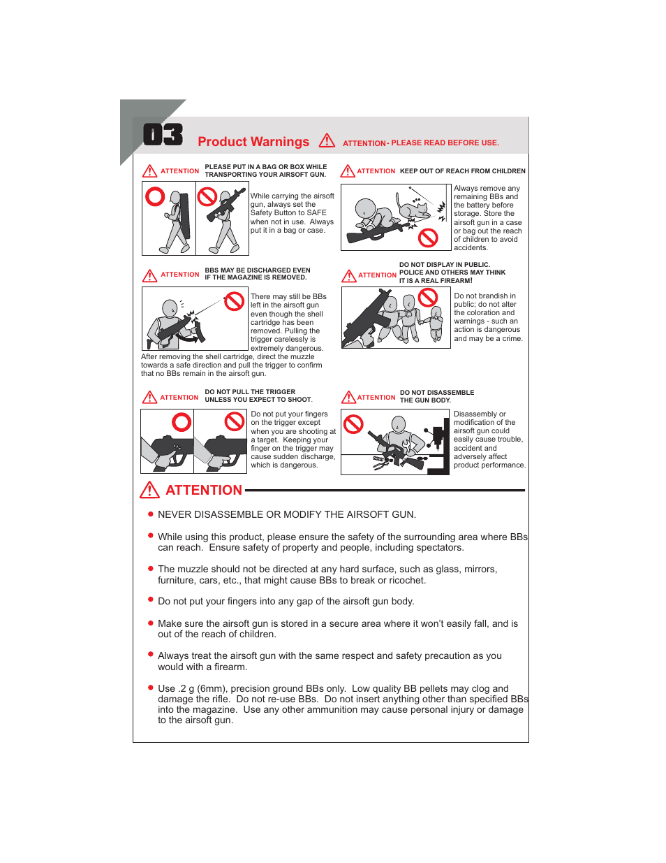 Pg3 10-19-07 m3l and m3s-manu...pdf, Attention, Product warnings | Leapers Sport Airsoft Multi-Shot Combat Shotgun (SOFT-M3L) User Manual | Page 3 / 6