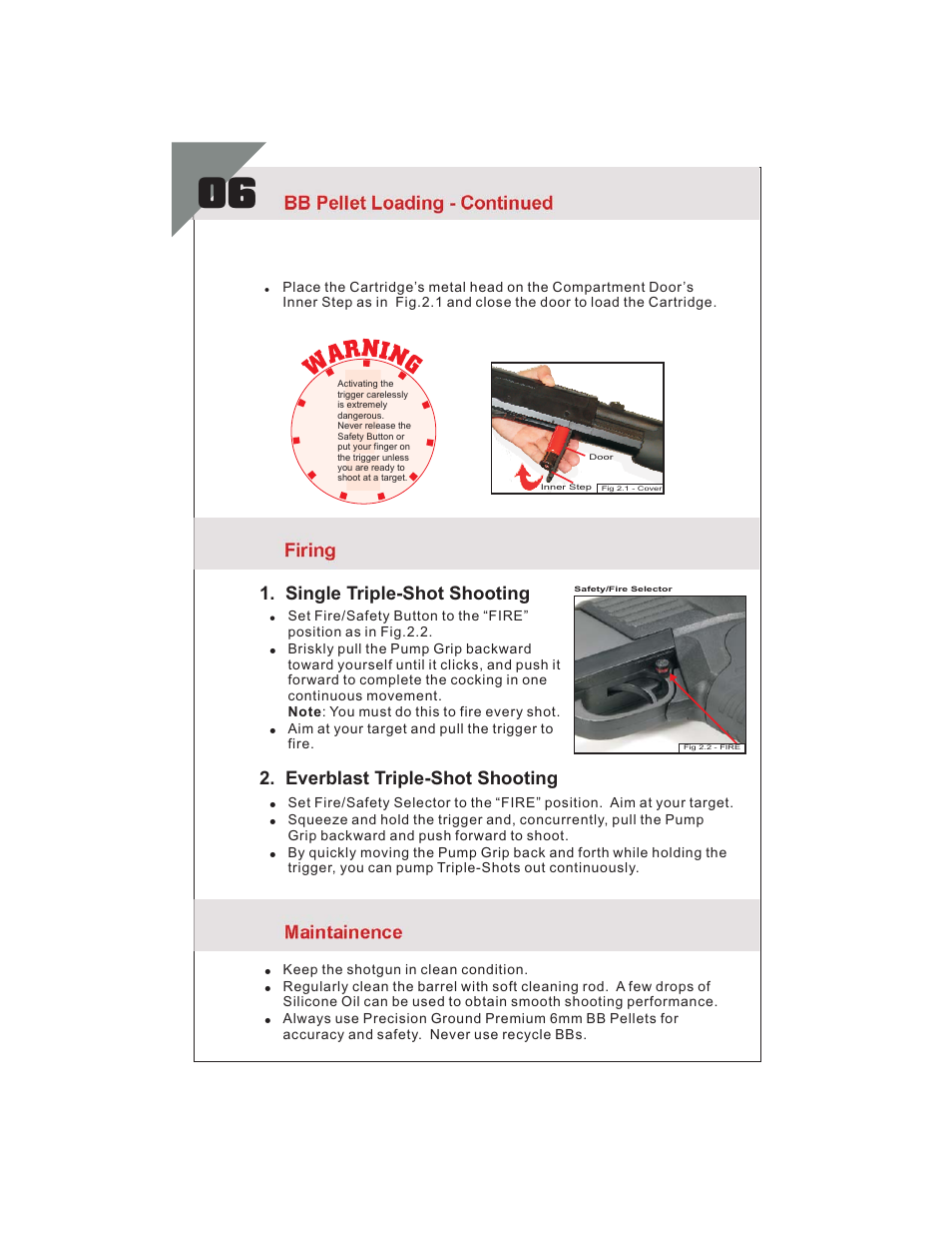 Pg6 10-23-07 m3l and m3s-manu...pdf, Bb pellet loading - continued, Firing | Maintainence | Leapers Sport Airsoft Multi-Shot Combat Shotgun (SOFT-M3L) User Manual | Page 6 / 6