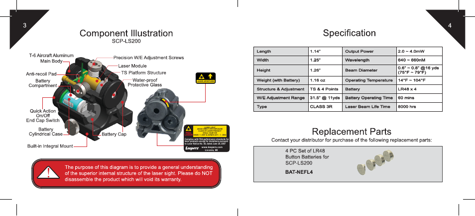 Leapers Sub-compact Red Laser, Solid/Strobe Mode, Integral Mount (SCP-LS200) User Manual | Page 3 / 6