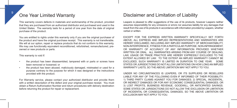 One year limited warranty, Disclaimer and limitation of liability | Leapers COP 200 LED Light, Single Battery, Handheld or QD Mount (LT-EL138) User Manual | Page 6 / 6