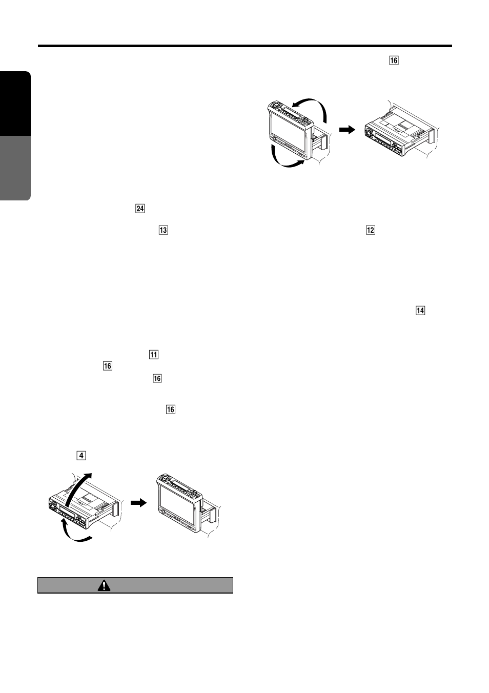 English, Caution, Basic operations | Showing a mode display, Opening and turning the display, Turning on and off the monitor, Mute, Setting the z-enhancer | Clarion VRX633R User Manual | Page 12 / 42