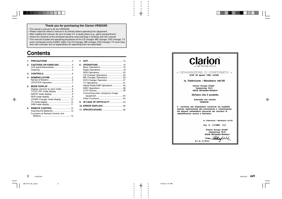 Clarion VRX633R User Manual | Page 2 / 42