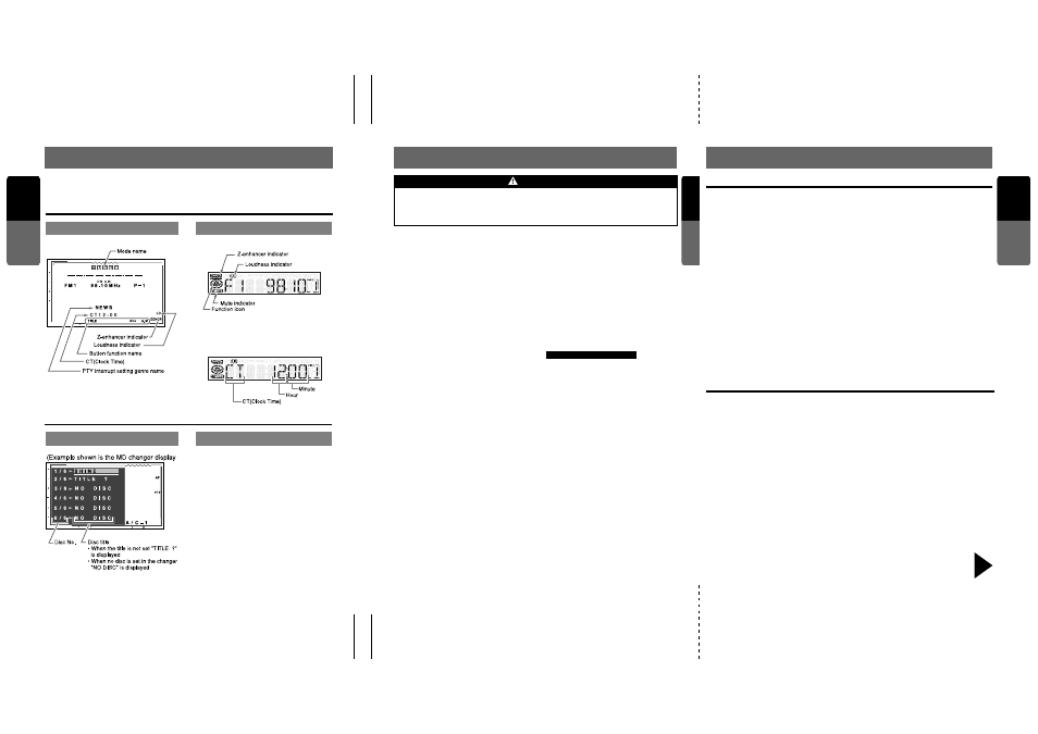 Mode display, Precautions, Cautions on handling | Title list mode display, Display common to each mode, Lcd panel/generalities, Cleaning, English, Warning | Clarion VRX633R User Manual | Page 3 / 42