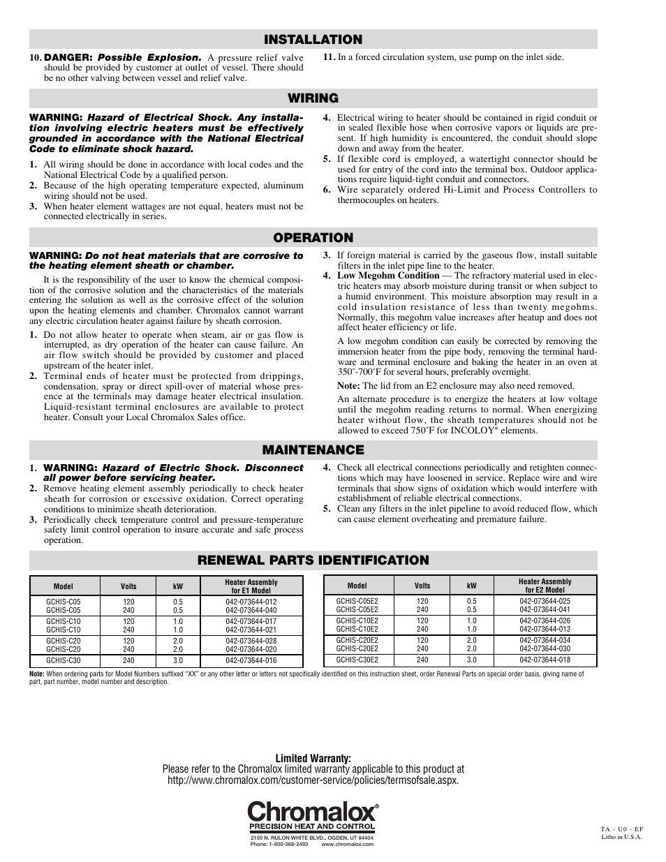 Wiring, Operation, Maintenance | Renewal parts identification, Installation | Chromalox PE433-3 User Manual | Page 2 / 2