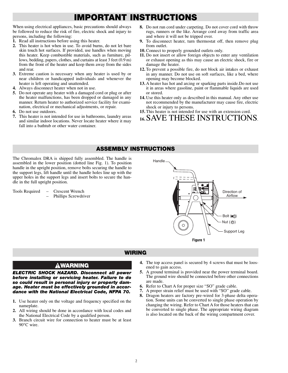 Important instructions, Save these instructions, Assembly instructions | Wiring | Chromalox PF497-1 User Manual | Page 2 / 6