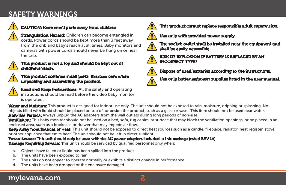 Safety warnings | Levana Stella User Manual | Page 2 / 23