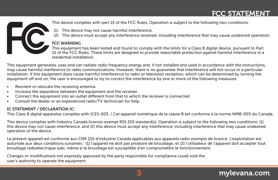 Fcc statement | Levana Stella User Manual | Page 3 / 23