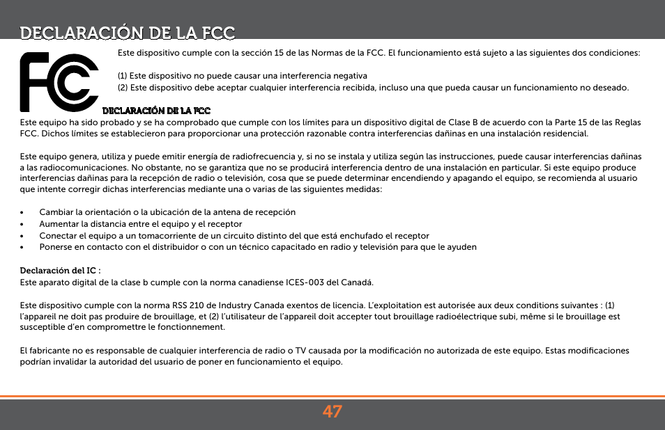 Declaración de la fcc | Levana Jena V2 Manual User Manual | Page 47 / 67