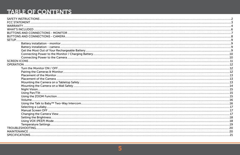5table of contents | Levana Jena V2 Manual User Manual | Page 5 / 67