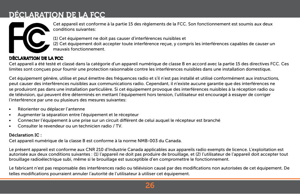 Déclaration de la fcc | Levana Astra PTZ User Manual | Page 26 / 69