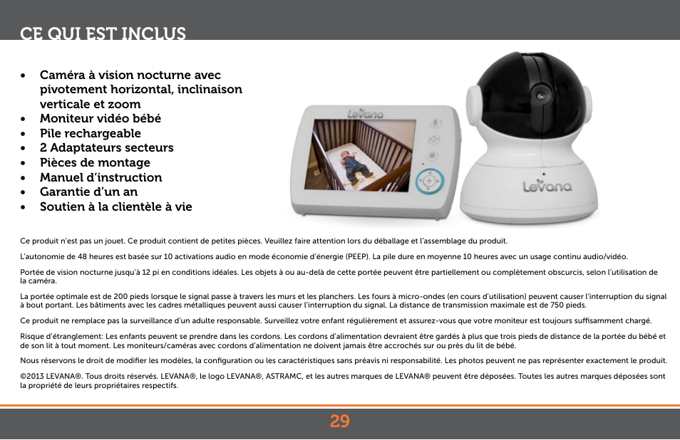 29 ce qui est inclus | Levana Astra PTZ User Manual | Page 29 / 69