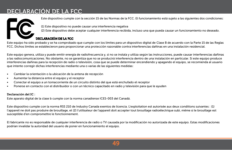 Declaración de la fcc | Levana Astra PTZ User Manual | Page 49 / 69