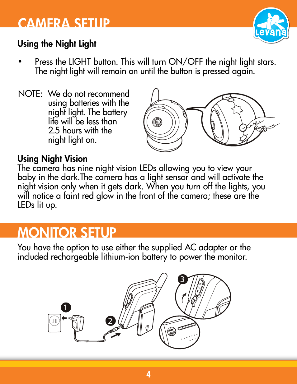 Camera setup, Monitor setup | Levana BABYVIEW20 User Manual | Page 10 / 18