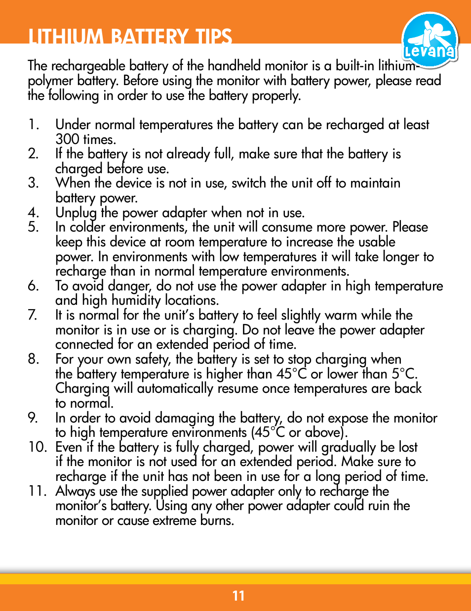 Lithium battery tips | Levana BABYVIEW20 User Manual | Page 17 / 18