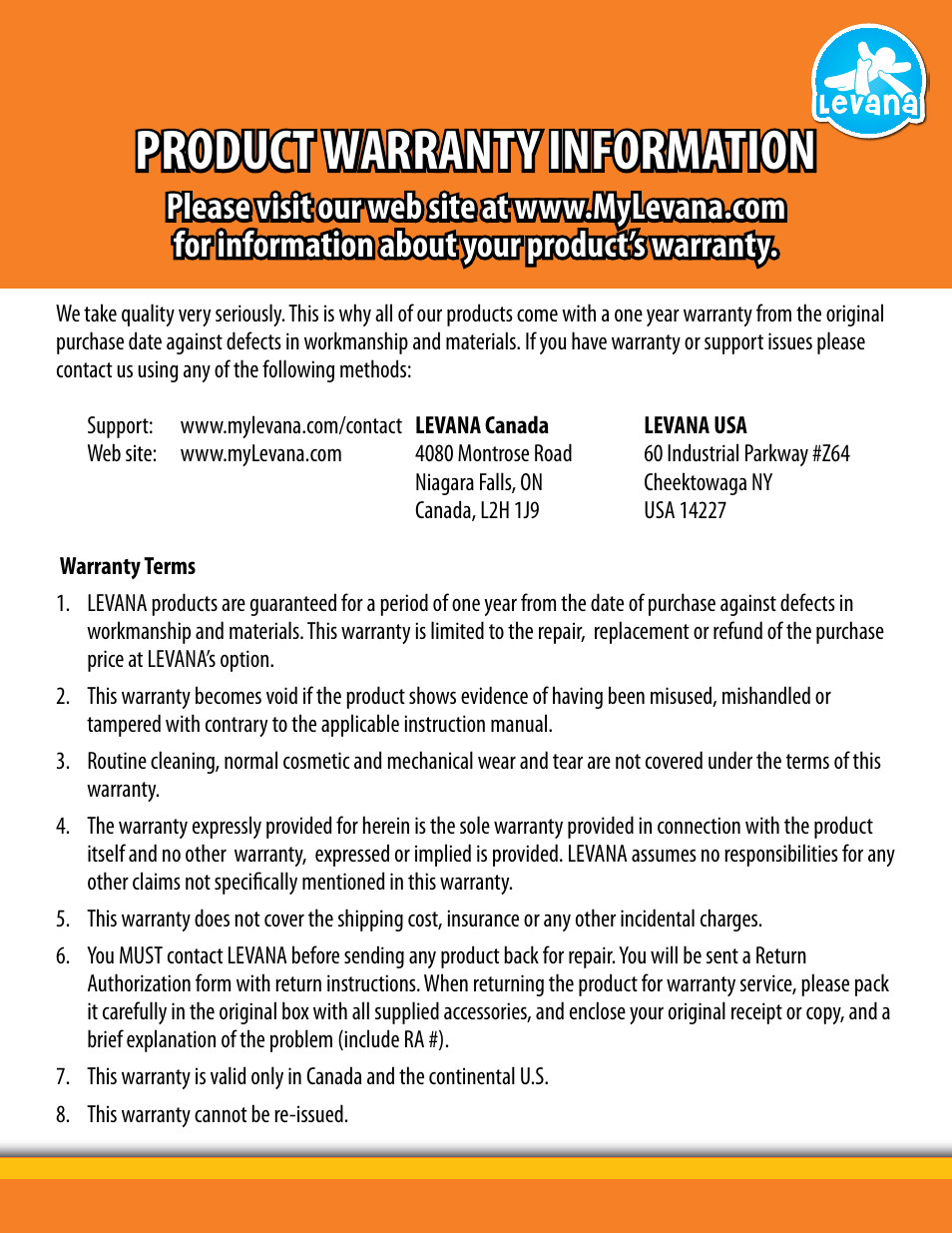 Product warranty information | Levana BABYVIEW20 User Manual | Page 2 / 18