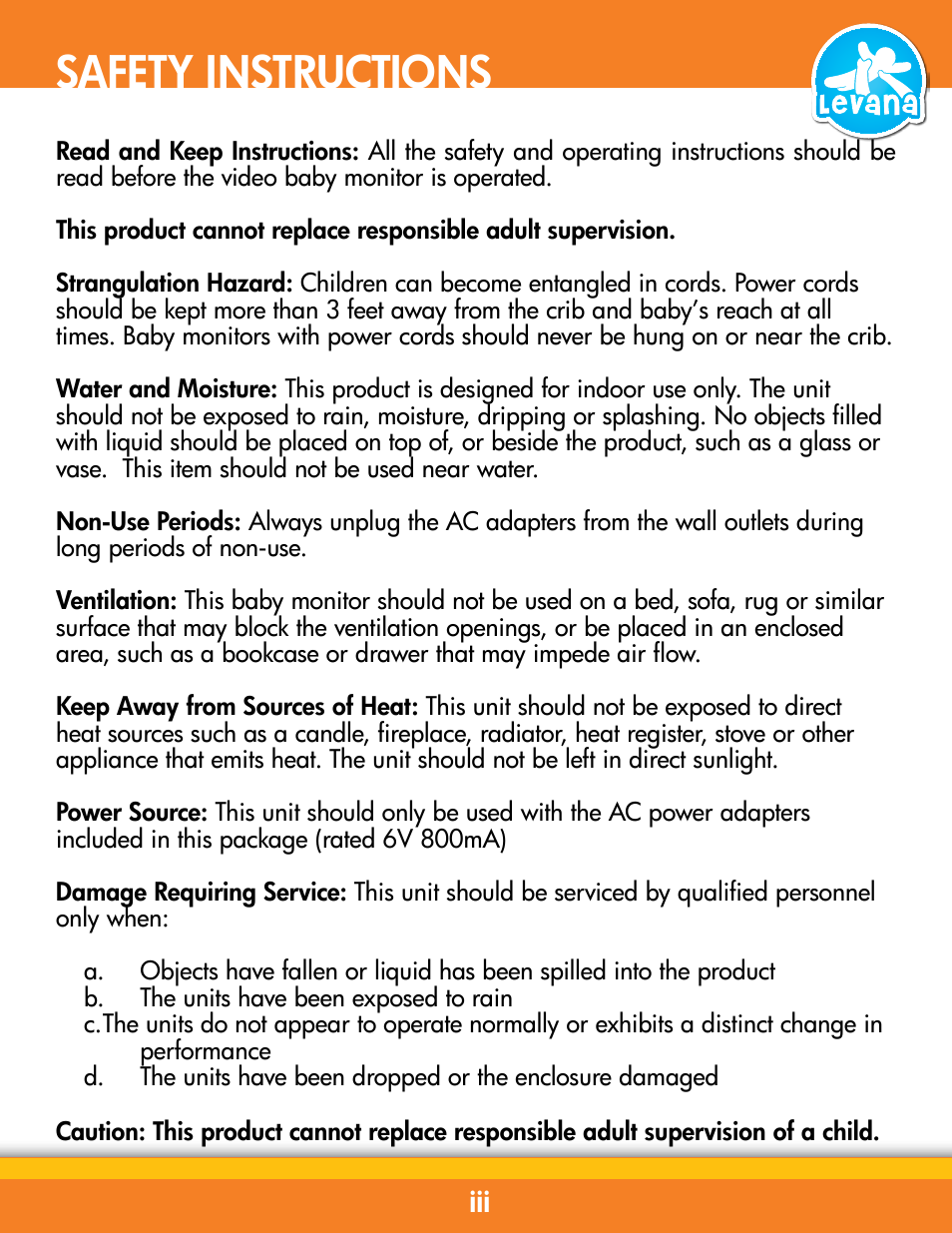Safety instructions | Levana BABYVIEW20 User Manual | Page 5 / 18