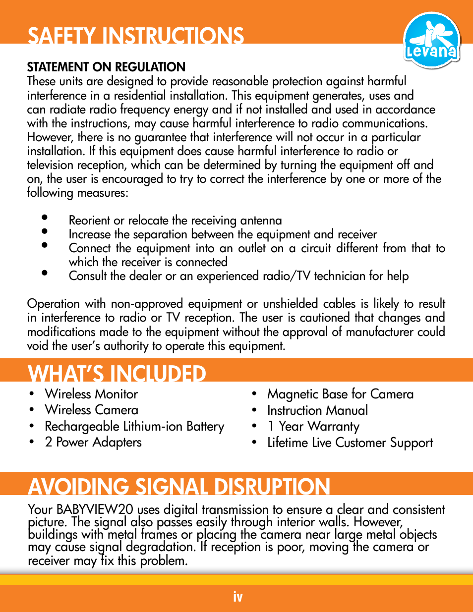 What’s included, Avoiding signal disruption, Safety instructions | Levana BABYVIEW20 User Manual | Page 6 / 18