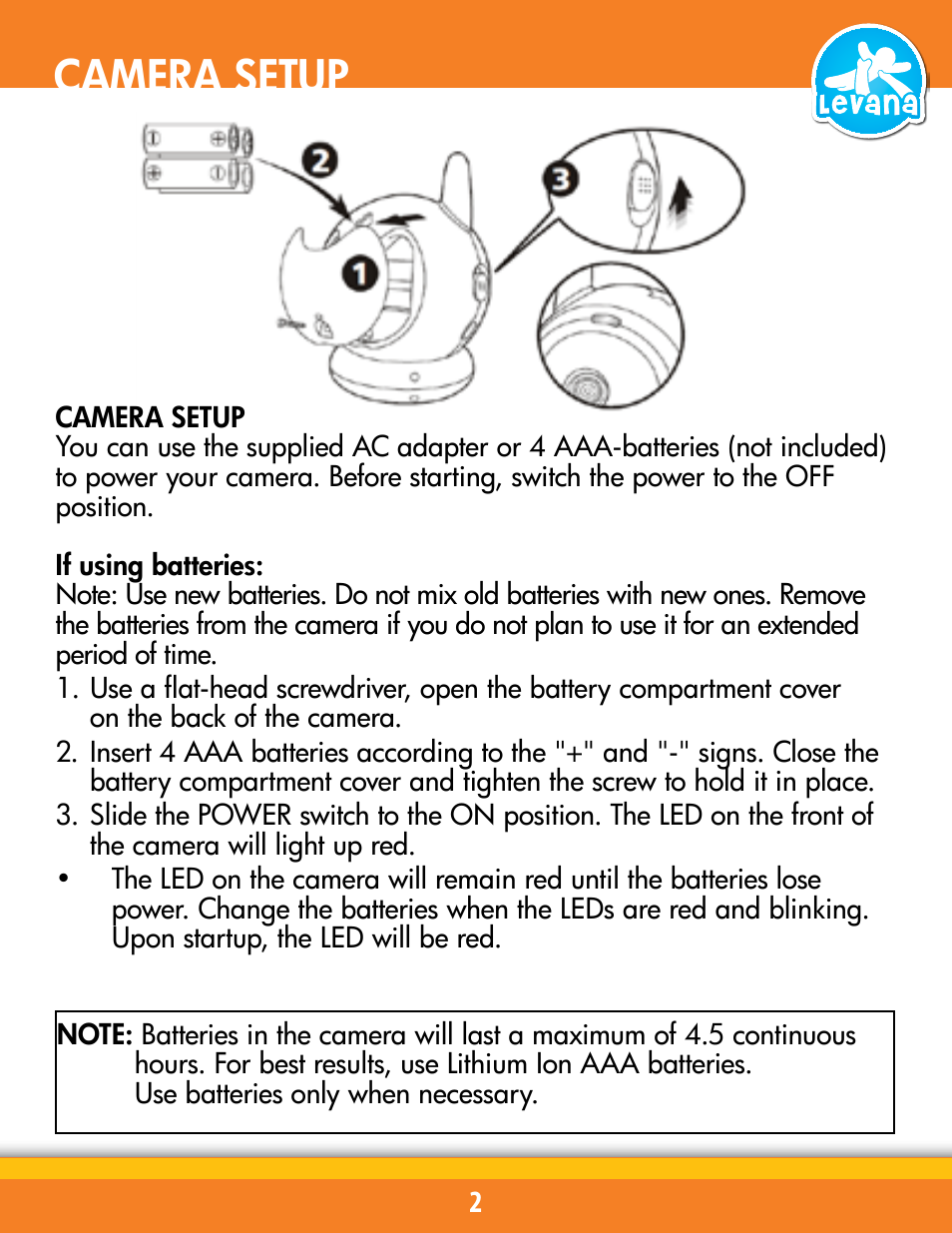 Camera setup | Levana BABYVIEW20 User Manual | Page 8 / 18