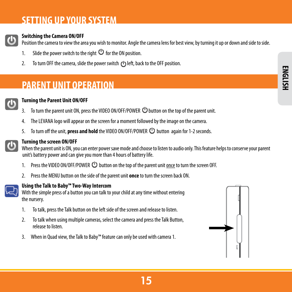 Setting up your system, Parent unit operation, English | Levana ERA User Manual | Page 15 / 98