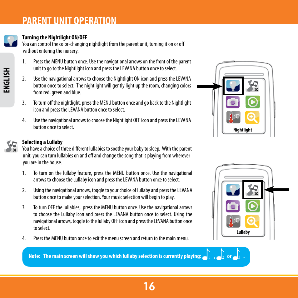 Parent unit operation, English | Levana ERA User Manual | Page 16 / 98
