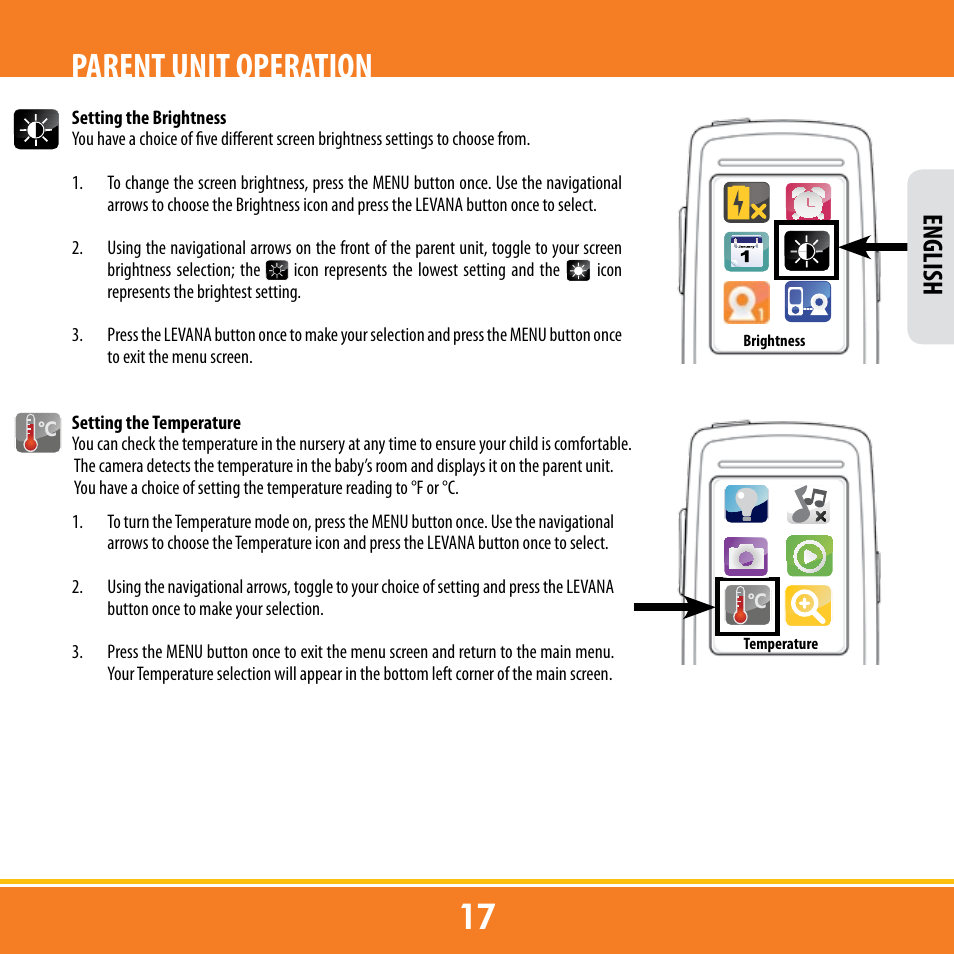 Parent unit operation, English | Levana ERA User Manual | Page 17 / 98