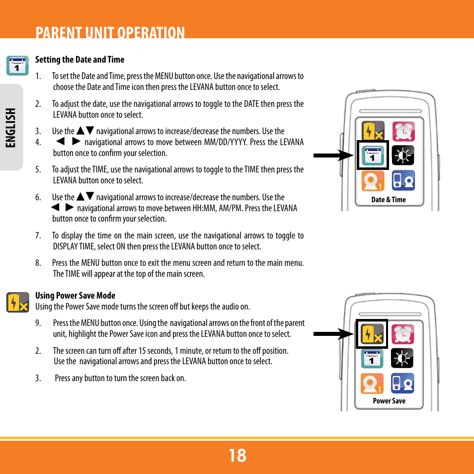 Parent unit operation, English | Levana ERA User Manual | Page 18 / 98