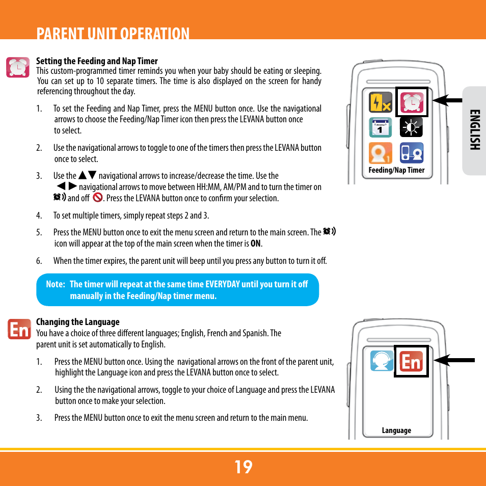 Parent unit operation, English | Levana ERA User Manual | Page 19 / 98