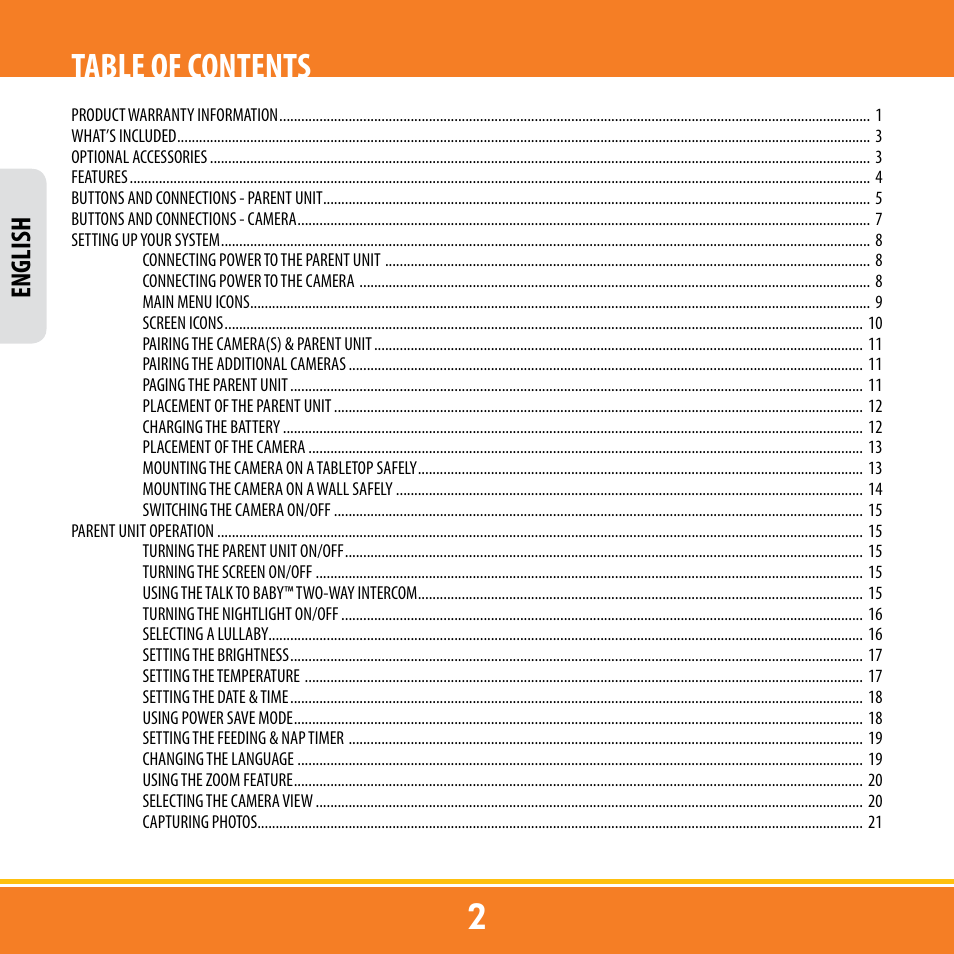 Introduction table of contents, English | Levana ERA User Manual | Page 2 / 98