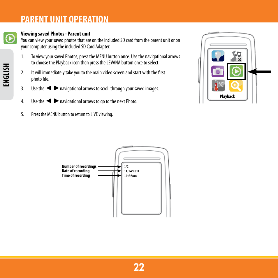 Parent unit operation, English | Levana ERA User Manual | Page 22 / 98