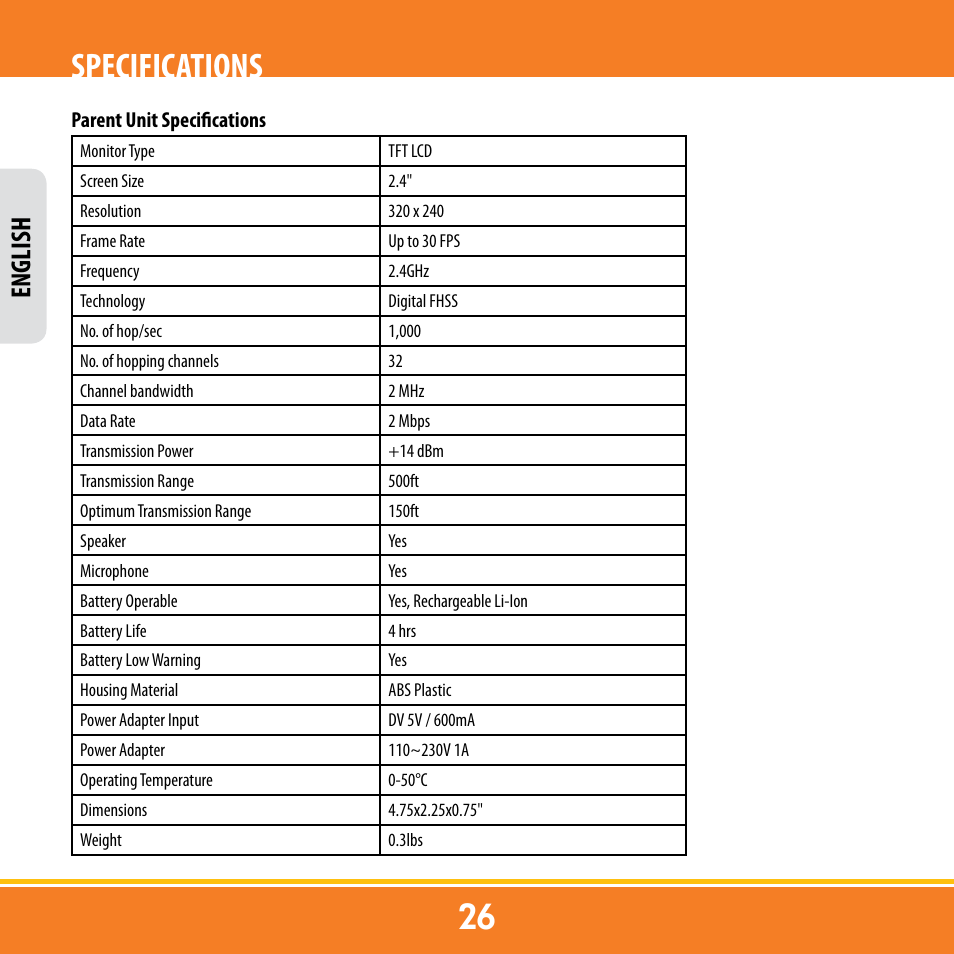 Specifications, English | Levana ERA User Manual | Page 26 / 98