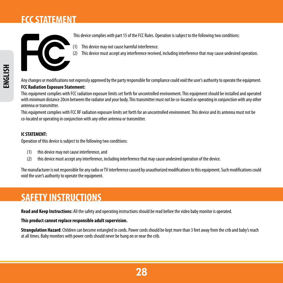 Fcc statement safety instructions, English | Levana ERA User Manual | Page 28 / 98