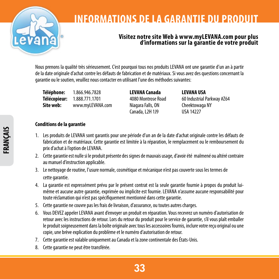 Informations de la garantie du produit, Franç ais | Levana ERA User Manual | Page 33 / 98