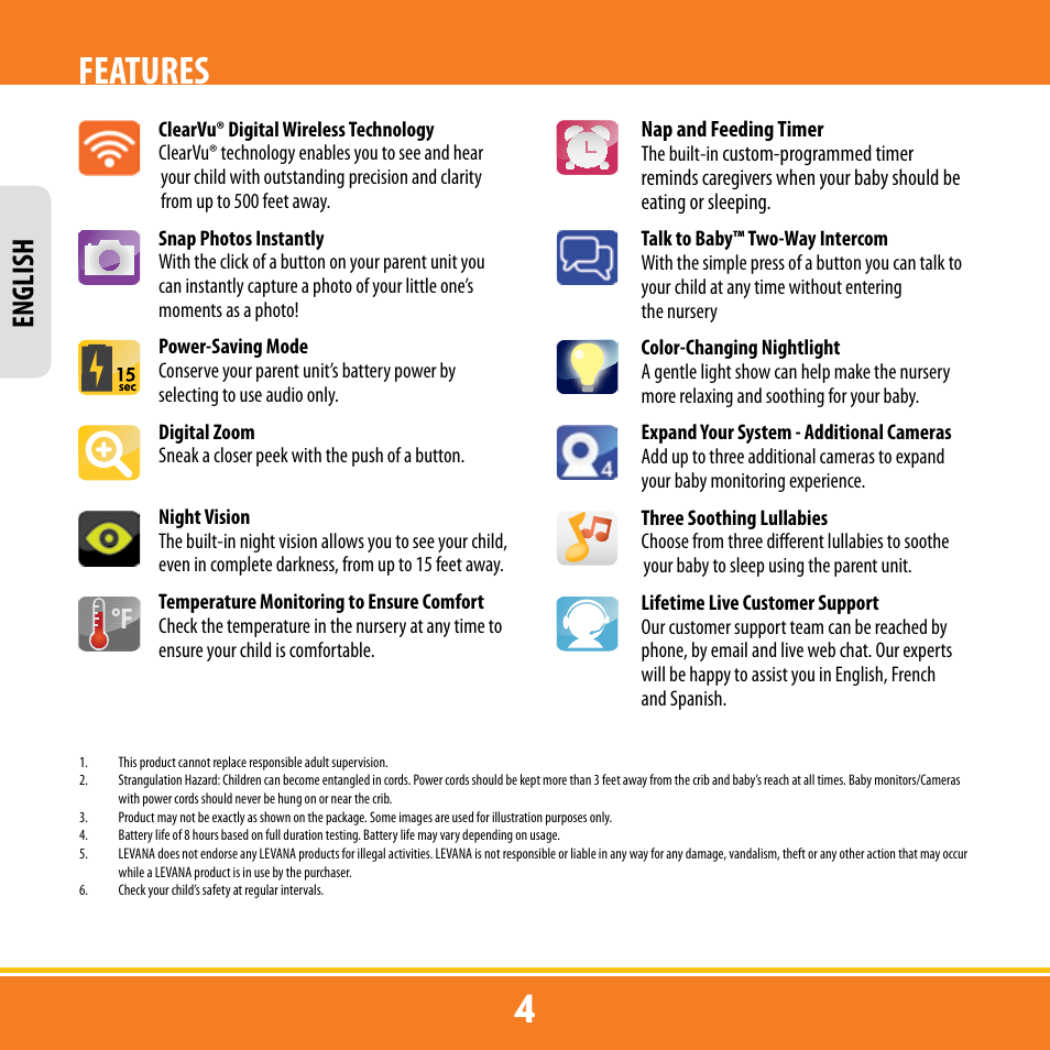 Features, English | Levana ERA User Manual | Page 4 / 98