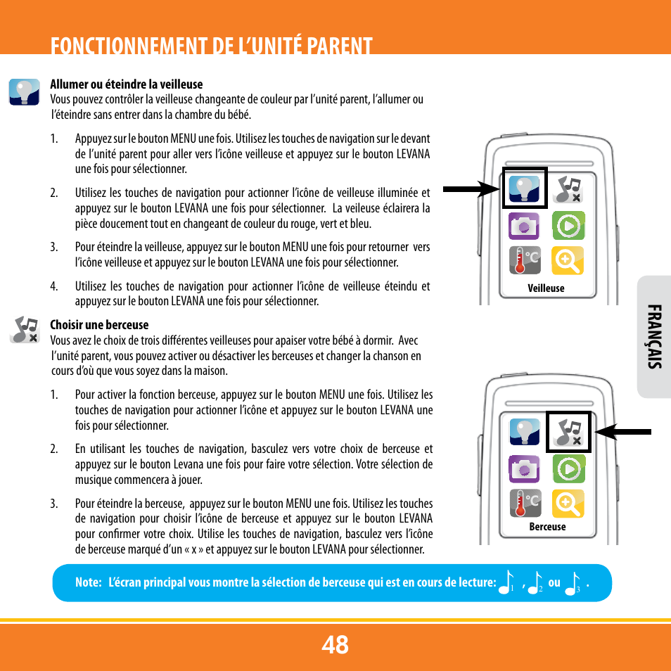 Fonctionnement de l’unité parent, Franç ais | Levana ERA User Manual | Page 48 / 98